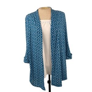 Kim Rogers Women's Medium Teal Geometric Chain Link 2-in-1 Layered Top Cardigan